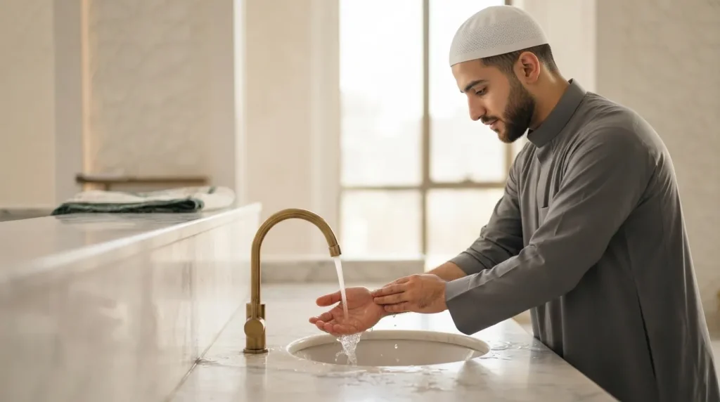 Muslim performing Wudu (Ablution) step-by-step before Salah according to the Quran and Sunnah