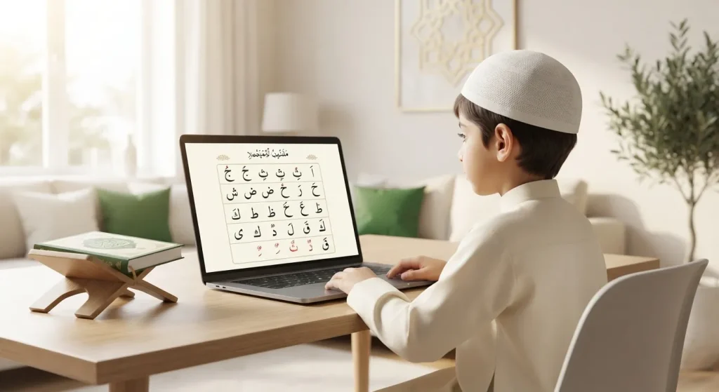 Child learning Noorani Qaida online with a qualified Quran teacher through live one-to-one classes.